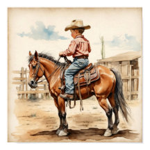 Art occidental vintage garçon brunette sur un chev