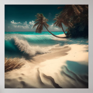 Poster Art océanique   Vagues de plage et palmiers Tropic