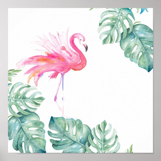 Poster Art original Aquarelle Tropicale Flamant rose rose (Devant)