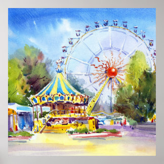 Poster Art original de l'attraction carrousel de parc d'a