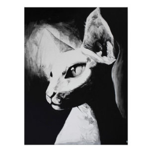Poster Art original Sphynx Cat Feline noir & blanc