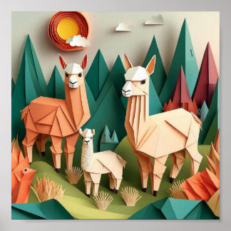 Poster Art papier origami alpagas scène 3D