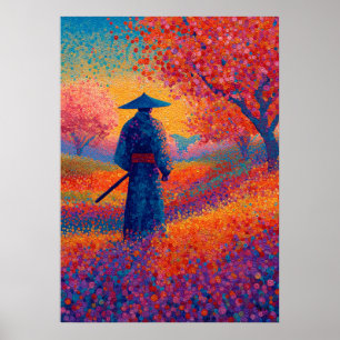 Poster Art Pointillisme Fleur de Cerisier Samouraï