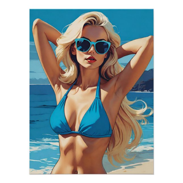 Poster Art pop rétro : Blonde glamour en Bikini bleu (Devant)