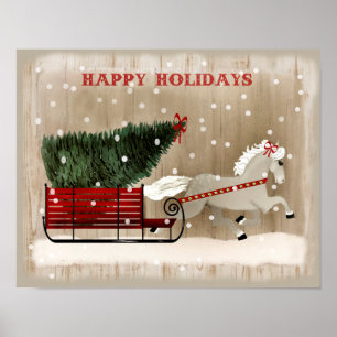 Poster Art populaire Noël Cheval et neige couchée