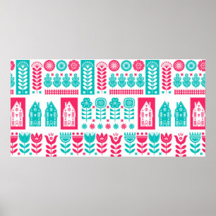 Poster Art populaire scandinave sans couture motif vintag