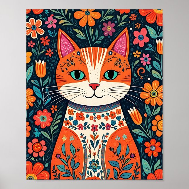 Poster Art populaire Whimsical Chat et Fleurs (Devant)