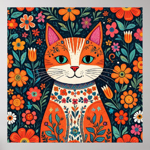 Poster Art populaire Whimsical Chat et Fleurs