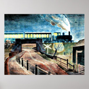 Poster Art ravilieux, Train Traversant le pont la nuit