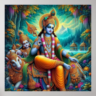 Poster Art spirituel bleu divin de Krishna