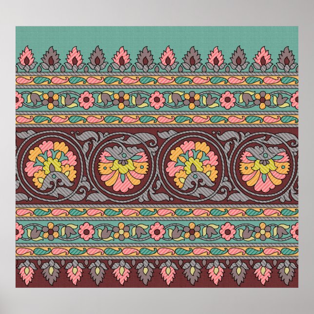 Poster Art traditionnel Mughal frontière, motif, fleur, g (Devant)