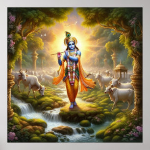 Poster Art traditionnel sacré Krishna Gopinath Flûte