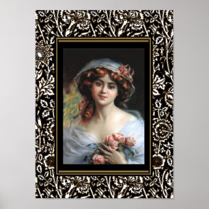 Poster Art Vintage dame aux roses roses roses