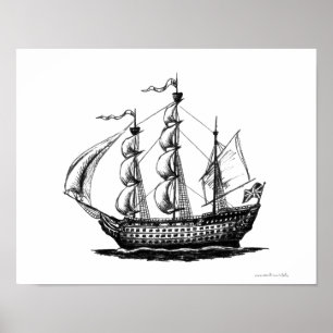 Poster Art vintage de dessin de stylo d'encre de bateau