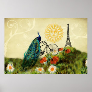 Poster Art vintage de paon avec Tour Eiffel