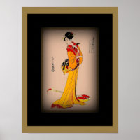 Poster Art Vintage Geisha avec Kimono Rouge Jaune