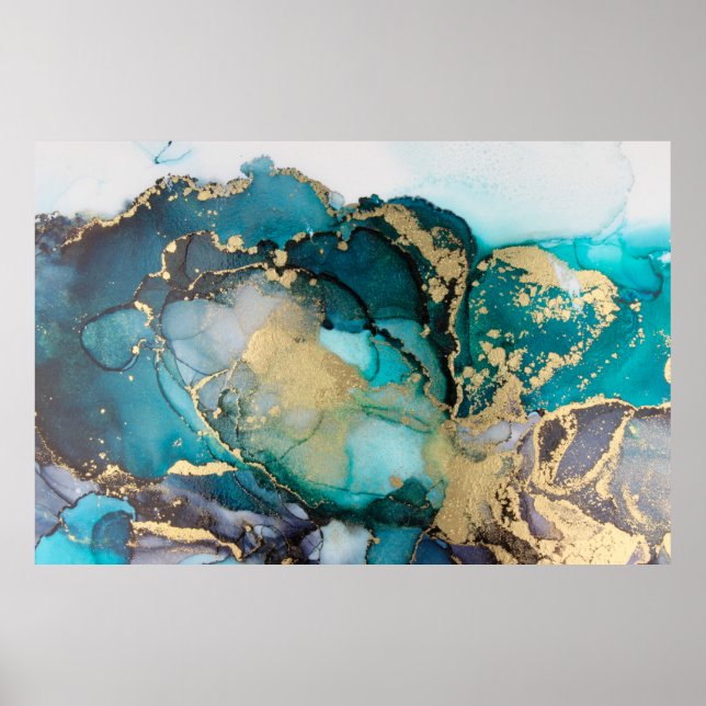 Poster Artabstracte turquoise d'alcool d'alcool noir, art (Devant)
