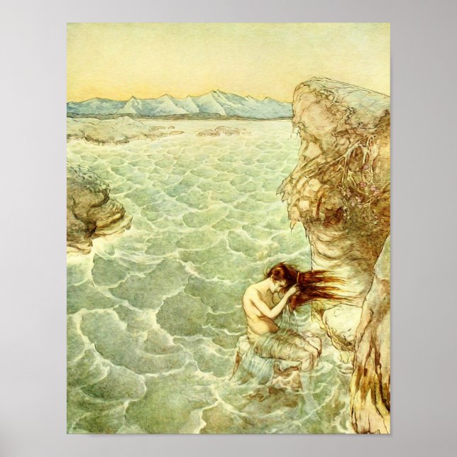 Poster Arthur Rackham Illustration Nymphe sur un rocher (Devant)