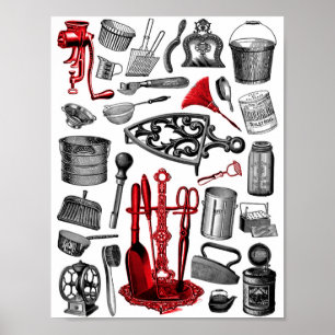 Poster Articles ménagers vintages en noir blanc et rouge
