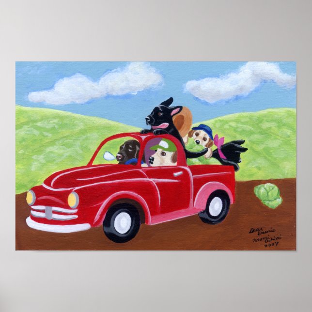 Poster Artwork de Camion rouge et de Labradors (Devant)