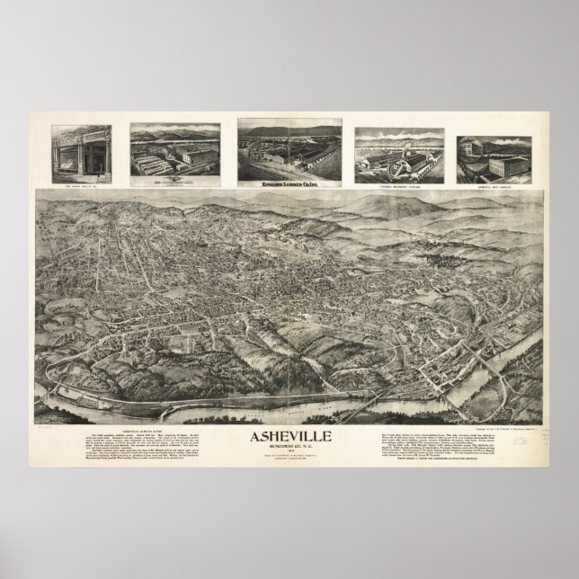 Poster Asheville N. Carolina 1912 Antique Carte Panoramiq (Devant)