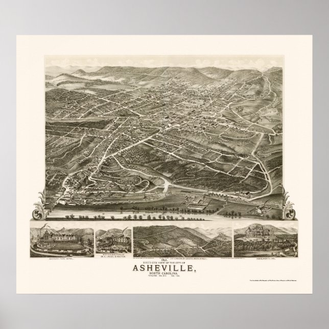 Poster Asheville, NC Carte panoramique - 1891 (Devant)