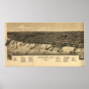 Poster Ashland Wisconsin 1886 Antique carte panoramique