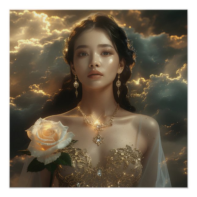 Poster Asian Beauty With White Rose (Devant)