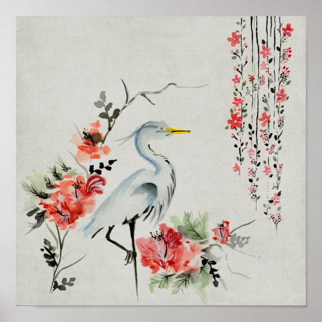 Poster Asiatique`Grue Florale (Devant)