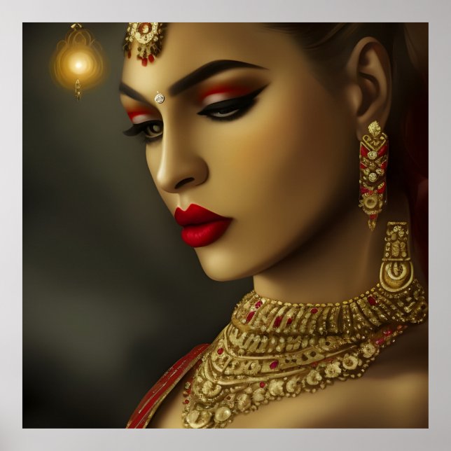 Poster Asiatique Indien Belle femme Rouge exotique Bijoux (Devant)