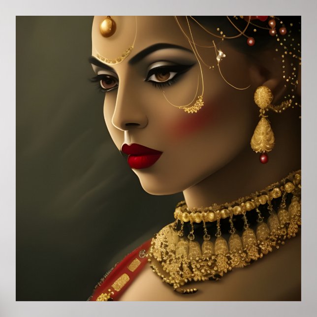 Poster Asiatique Indien Belle femme Rouge exotique visage (Devant)
