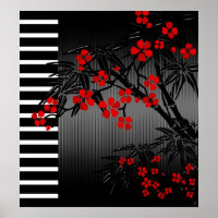 Poster Asiatique Rouge Noir Blanc Bambou Floral