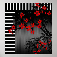 Poster Asiatique Rouge Noir Blanc Bambou Floral 3