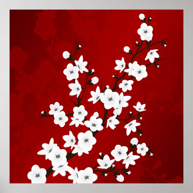 Poster Asie Floral blanc cerisier rouge (Devant)