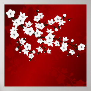 Poster Asie Floral blanc cerisier rouge
