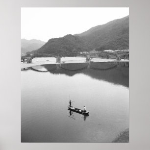 Poster Asie, Japon, Iwakuni. Pêcheurs et pont historique