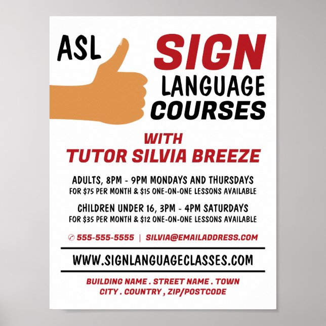 Poster ASL Thumbs up Gesture Sign Language Course Advert (Devant)
