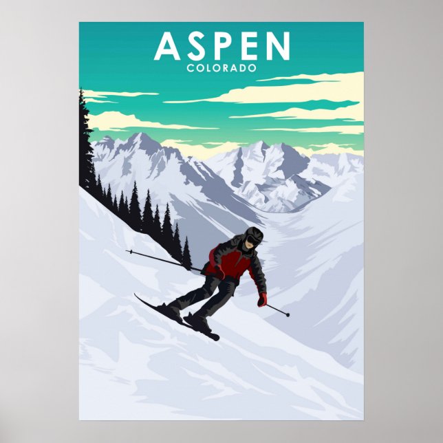 Poster Aspen Skiing Travel Illustration (Devant)