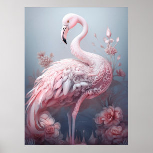 Poster Assez Surréaliste Flamant Rose Abstrait sur Gris