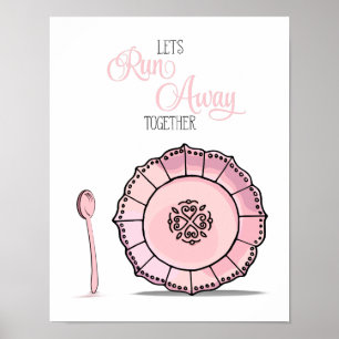 Poster Assiette et cuillère Fuyons ensemble Cuisine rose