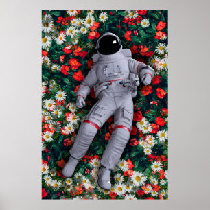 Poster Astronaunt en Fleurs rouges et blanches