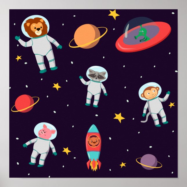 Poster Astronaut Animaux Dans Le Motif Spatial I (Devant)