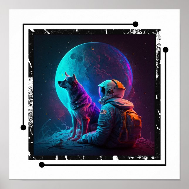 Poster Astronaute avec chien dans l'espace, Neon Design A (Devant)