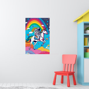 Poster Astronaute chevauchant une licorne - Arc-en-ciel m