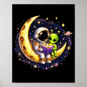 Poster Astronaute lisant un livre à la lune extraterrestr