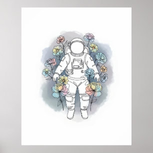Poster astronaute simple une ligne art continu