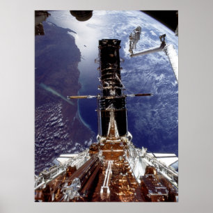 Poster Astronauts working on Hubble docked with Endeavour