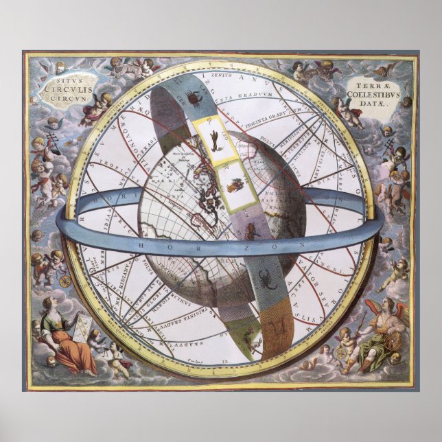 Poster Astronomie vintage, Planisphère céleste Zodiaque (Devant)