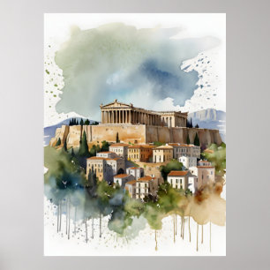 Poster Athènes Grèce aquarelle
