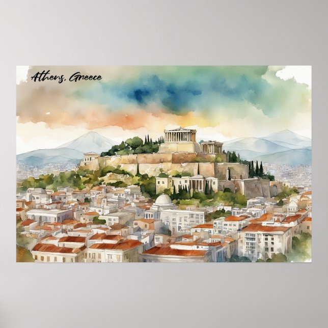 Poster Athènes Grèce aquarelle peinture Panorama (Devant)